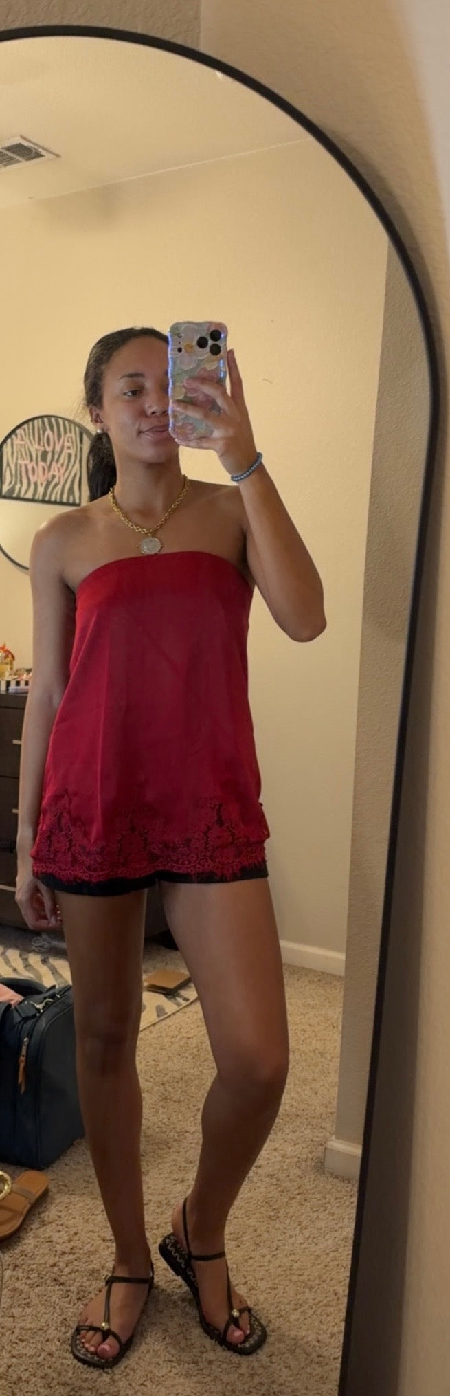 Crimson red lace trim top